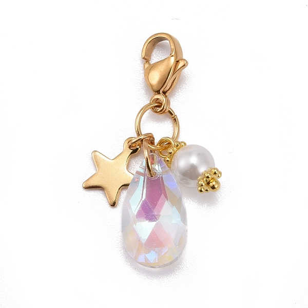 

PandaHall Faceted Teardrop Glass Pendants, with Glass Pearl Round Beads, Star 304 Stainless Steel Charms & Lobster Claw Clasps, Clear AB..., White