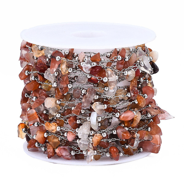 

PandaHall 316 Stainless Steel Paperclip Chains, with Natural Red Jasper Chips and Stainless Steel Beaded, Soldered, with Spool, Stainless...