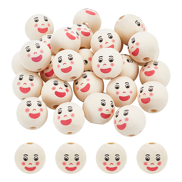 

PandaHall FINGERINSPIRE 30PCS Smiling Face Natural Wood Beads Wooden Smiling Loose Beads Round Spacer Ball Beads with 5mm Hole Smile Face..., Orange