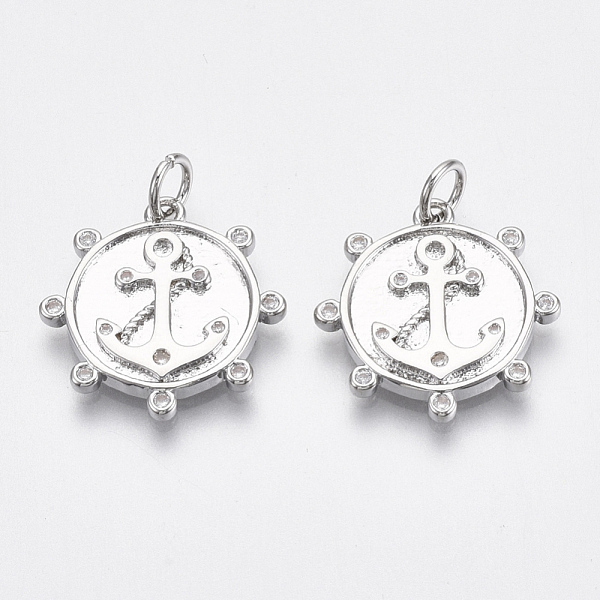 

PandaHall Brass Micro Pave Clear Cubic Zirconia Pendants, Flat Round with Anchor, Nickel Free, Real Platinum Plated, 18.5x18x2mm, Jump Ring...