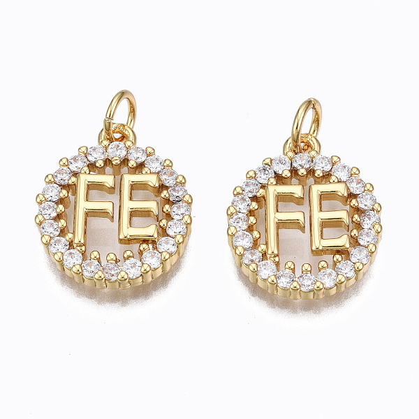 

PandaHall Brass Micro Pave Clear Cubic Zirconia Pendants, with Jump Rings, Nickel Free, Ring with Word FE, Real 16K Gold Plated, 16x13x3mm...