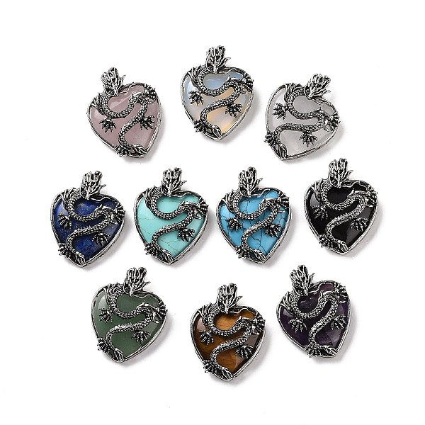 PandaHall Natural & Synthetic Mixed Gemstone Pendants, Heart Charms, with Rack Plating Antique Silver Tone Alloy Dragon Findings, Mixed Dyed...