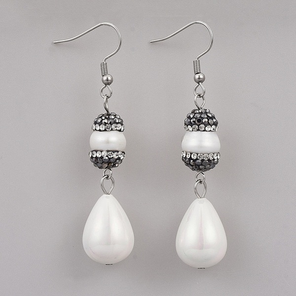 

PandaHall Alloy Dangle Earrings, with Shell Pearl, Polymer Clay Rhinestone and Stainless Steel Findings, teardrop, Stainless Steel Color..., White