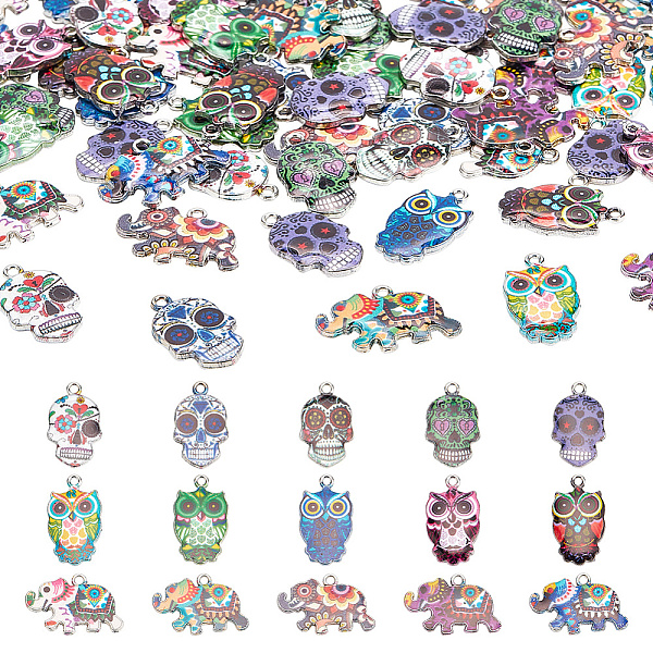 

PandaHall ARRICRAFT 75Pcs 15 Style Alloy Enamel Pendants, Platinum, Owl/Skull/Elephant, Mixed Color, 23x13x2~2.5mm, Hole: 1.6mm, 5pcs/style..., Multicolor