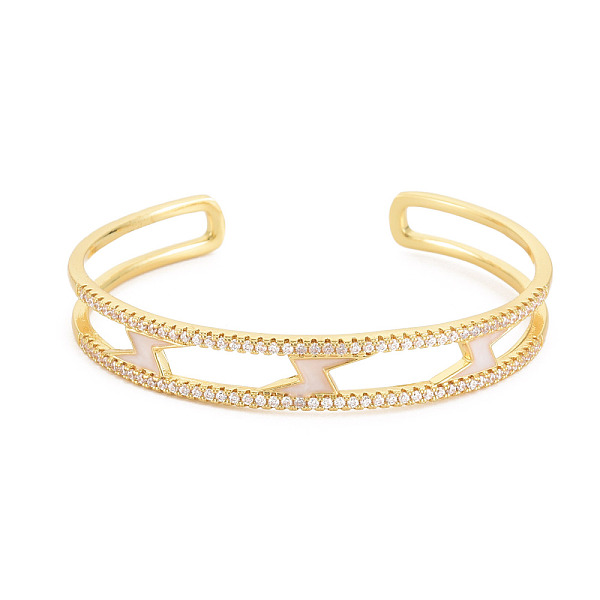 

PandaHall Clear Cubic Zirconia Lightning Bolt Open Cuff Bangle with Enamel, Real 18K Gold Plated Brass Jewelry for Women, Cadmium Free &..., White