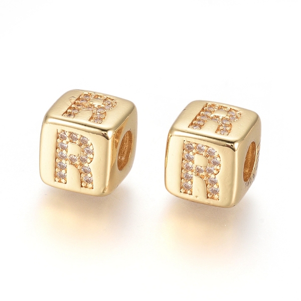 

PandaHall Brass Micro Pave Cubic Zirconia European Beads, Horizontal Hole, Large Hole Beads, Long-Lasting Plated, Cube with Letter, Golden..., Clear
