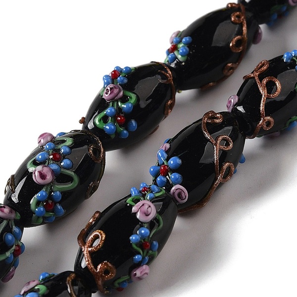 

PandaHall Handmade Lampwork Beads, Rice wit Flower, Black, 23x12~13mm, Hole: 1.6mm Lampwork Barrel Black