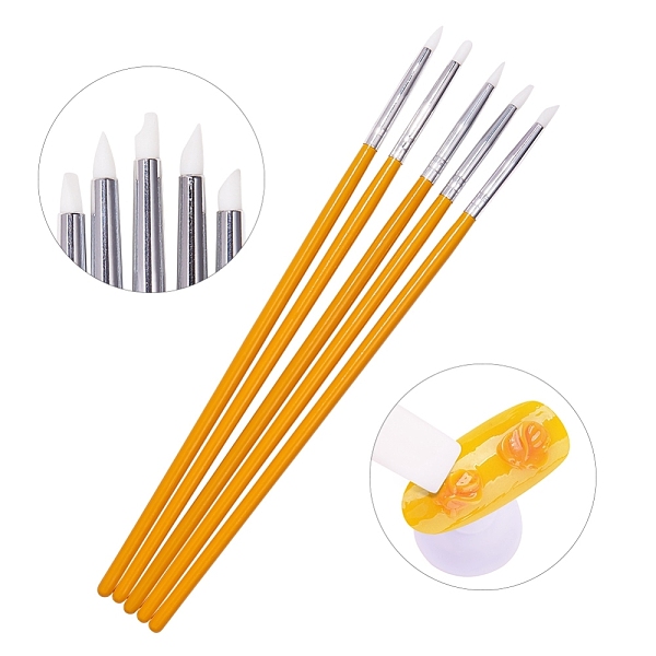 PandaHall Silicone Nail Art Sculpture Pen Brushes, Nail Art Carving, Dotting Tools, Wood Handle, Orange, 175~180x5mm, 5pcs/set Silicone...