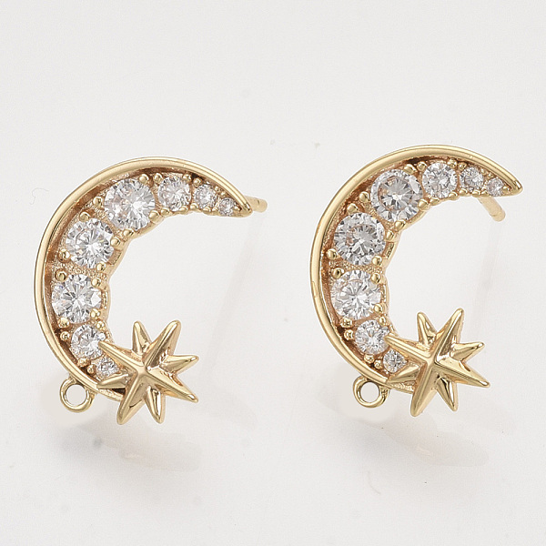 

PandaHall Brass Micro Pave Clear Cubic Zirconia Stud Earring Findings, with Loop, Nickel Free, Moon with Star, Real 18K Gold Plated, 16x13mm...
