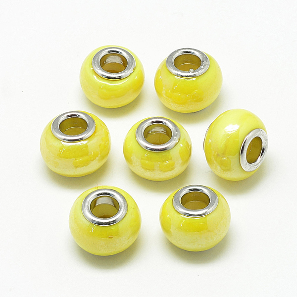 

PandaHall Handmade Lampwork European Beads, with Brass Double Cores, Large Hole Beads, Rondelle, Platinum, Yellow, 13~14x10~11mm, Hole: 5mm...