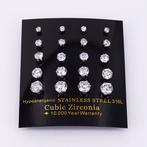 

PandaHall 304 Stainless Steel Cubic Zirconia Stud Earrings, Stainless Steel Color, 3~7mm, Pin: 0.8mm, 10pairs/card Cubic Zirconia