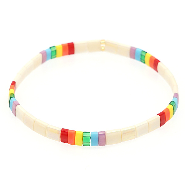 Bracelets extensibles à rayures bohèmes en verre arc-en-ciel plat à double trou pour femmes