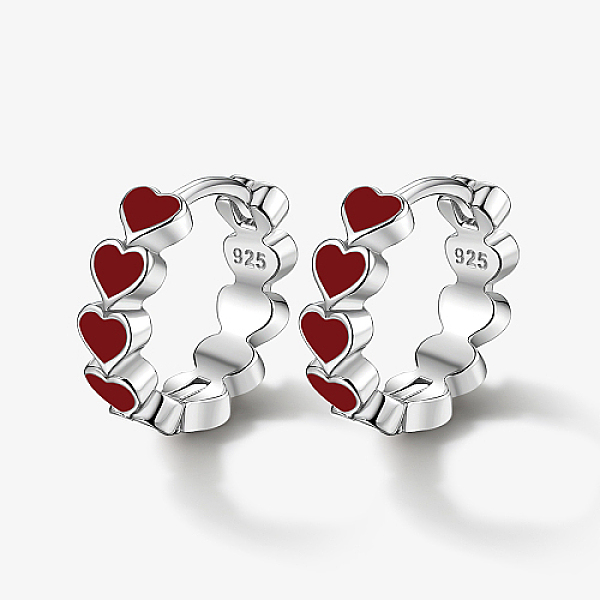

PandaHall Rhodium Plated 925 Sterling Silver Huggie Hoop Earrings for Women, with S925 Stamp & Enamel, Ring with Heart, Platinum, Red...