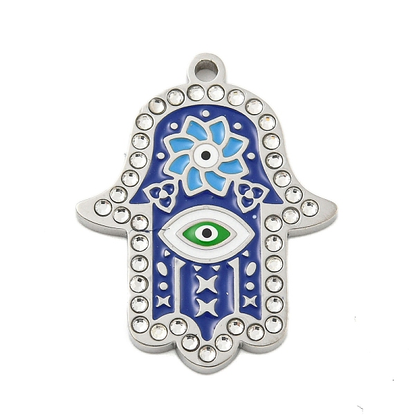 

PandaHall 304 Stainless Steel Rhinestone Pendants, with Enamel, Hamsa Hand with Flower & Evil Eye Charm, Stainless Steel Color, 26x20.5x2mm...