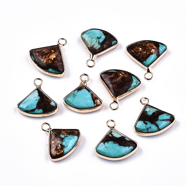 

PandaHall Fan Assembled Natural Bronzite and Synthetic Turquoise Pendants, with Iron Loop and Brass Edge, Light Gold, 18~19x18~19x5~6mm...