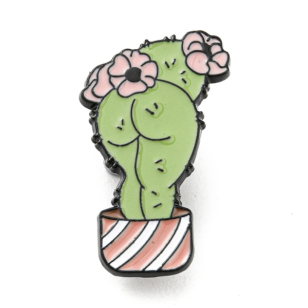PandaHall Cactus & Flower Enamel Pins, Black Alloy Brooches for Backpack Clothes, Yellow Green, 30x17x1.5mm Alloy+Enamel Cactus