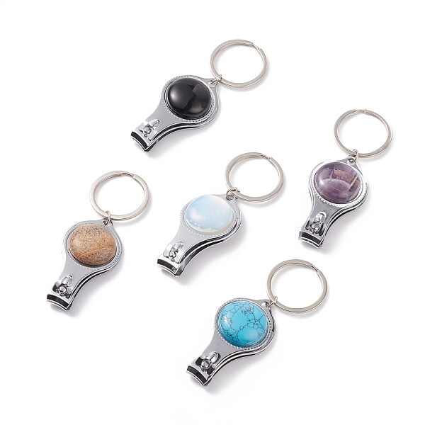 

PandaHall Iron Nail Iron Nail Clippers and Bottle Opener, with Natural Gemstone Cabochons, Iron Split Key Rings, 9.2cm Mixed Stone