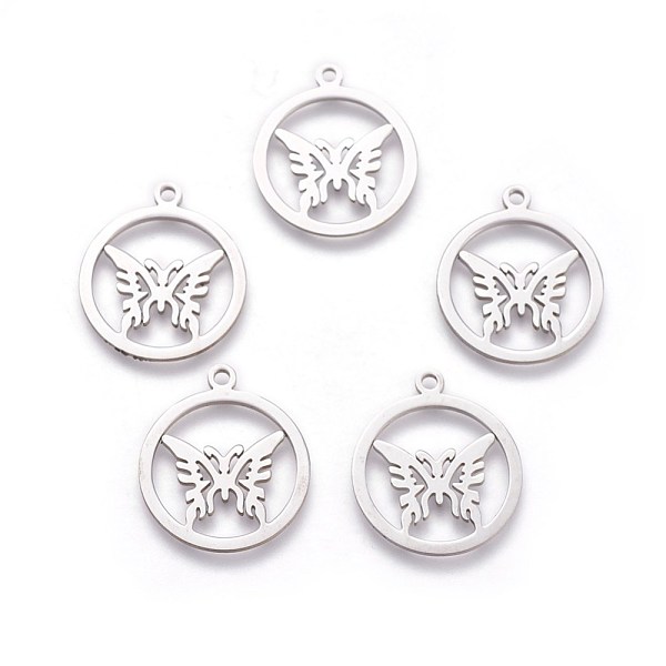 PandaHall 304 Stainless Steel Pendants, Flat Round with Butterfly, Stainless Steel Color, 26x22.4x1mm, Hole: 2mm 304 Stainless Steel Flat...
