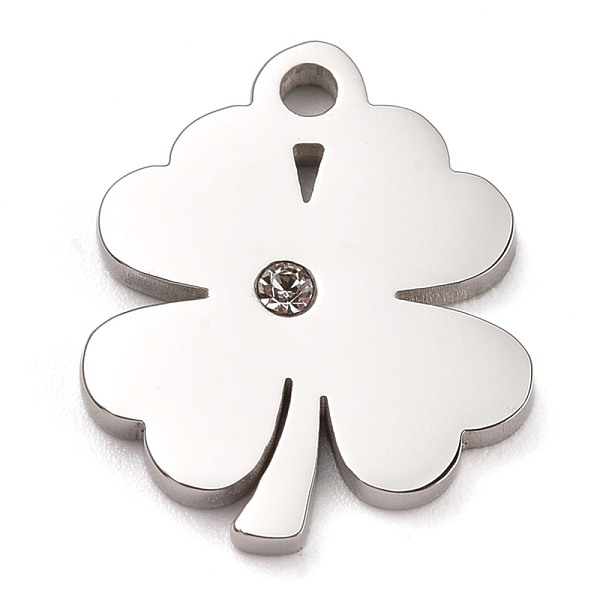 

PandaHall 304 Stainless Steel Charms, Manual Polishing, with Crystal Rhinestone, Clover, Stainless Steel Color, 14.5x12x1.5mm, Hole:1.8mm..., Clear