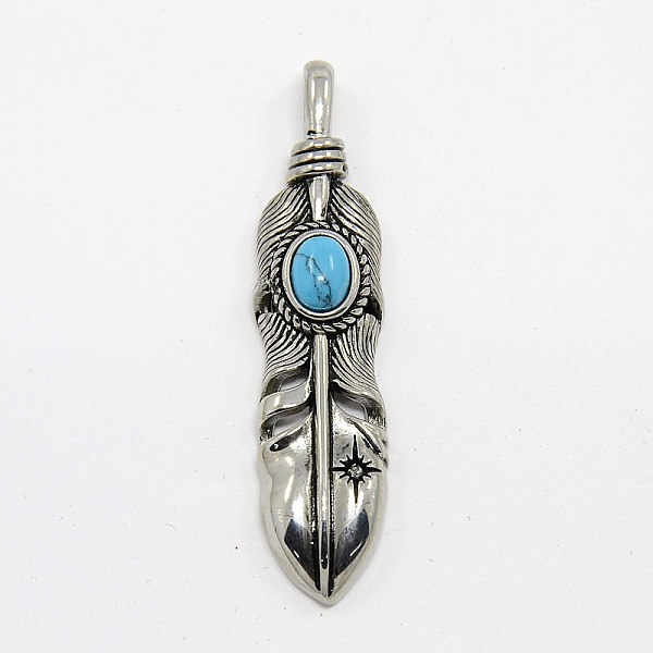 

PandaHall Vintage Men's 304 Stainless Steel Big Feather Big Pendants, with Synthetic Turquoise, Antique Silver, 57x13x8mm, Hole: 6x3mm 304...
