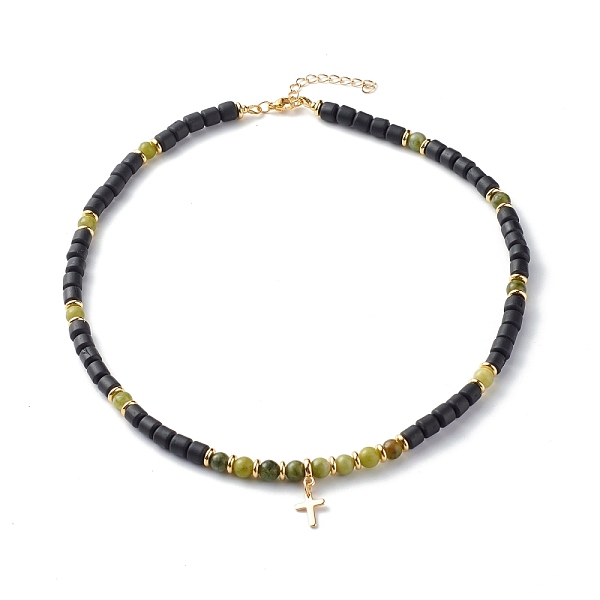 

PandaHall Polymer Clay Beaded Necklaces, with Brass Cross Pendant and Natural Taiwan Jade Beads, Black, 18.78 inch(47.7cm) Polymer Clay...