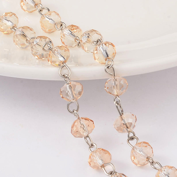 

PandaHall Faceted Rondelle Handmade Electroplate Glass Beads Chains, Unwelded, with Platinum Plated Brass Findings, Bisque, 39.3 inch, about..., Orange