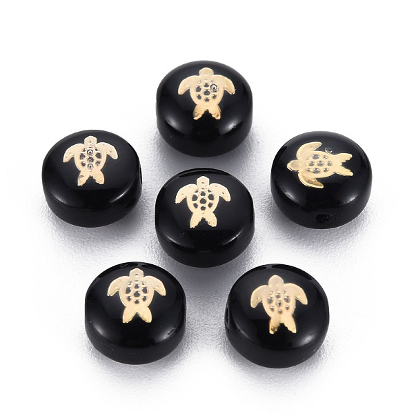 

PandaHall Handmade Lampwork Beads, with Golden Plated Brass Etched Metal Embellishments, Flat Round with Tortoise, Black, 8x5~6mm, Hole...