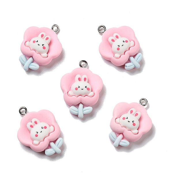 

PandaHall Opaque Resin Pendants, with Platinum Tone Iron Loops, Flower with Rabbit, Pink, 27.5x19.5x7mm, Hole: 2mm Iron+Resin Flower Pink