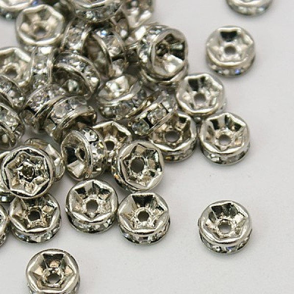 

PandaHall Brass Rhinestone Spacer Beads, Grade A, Rondelle, Platinum Color, Size: about 6mm in diameter, 3mm thick, hole: 1.5mm..., Clear