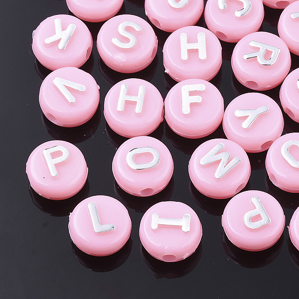 

PandaHall Plating Opaque Acrylic Beads, Metal Enlaced, Horizontal Hole, Flat Round with Letter, Pink, 10x6mm, Hole: 1.8mm Acrylic Flat Round...