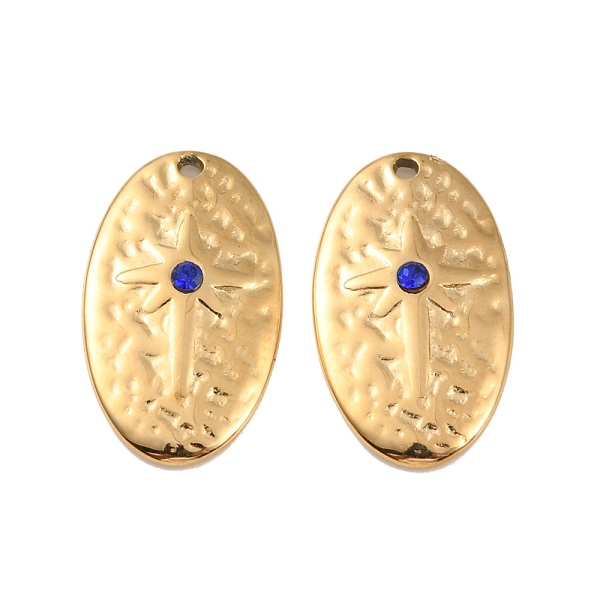 

PandaHall Ion Plating(IP) 304 Stainless Steel Pendants, with Rhinestone, Real 18K Gold Plated, Oval with Star Charm, Sapphire..., Blue
