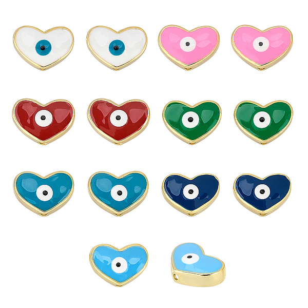 

PandaHall 14Pcs 7 colors Golden Tone Brass Beads, with Enamel, Heart with Evil Eye, Mixed Color, 11x15x4.5mm, Hole: 1.6mm, 2pcs/color..., Multicolor