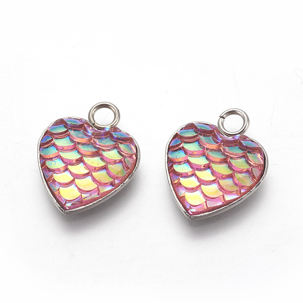 

PandaHall 304 Stainless Steel Pendants, with Resin, Heart with Fish Scale Shape, Stainless Steel Color, Pink, 16x13x3.5mm, Hole: 2mm...