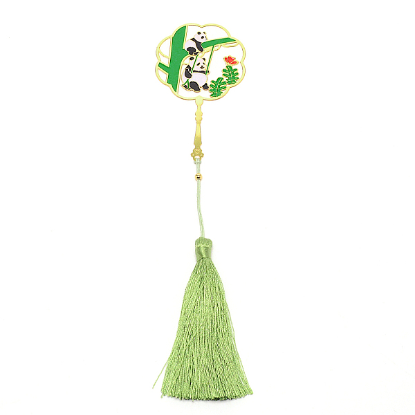 

PandaHall Panda Brass Bookmark with Tassel, Hollow-out Chinese Ancient Hand Fan Shape Bookmark for Reader, Light Gold, Yellow Green, 212mm...