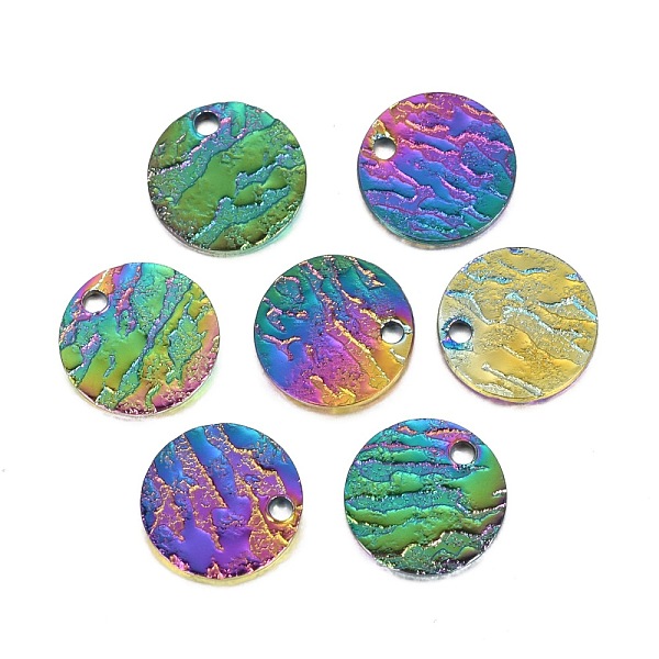 

PandaHall Ion Plating(IP) 304 Stainless Steel Charms, Textured, Laser Cut, Flat Round, Rainbow Color, 10x1mm, Hole: 1.4mm 304 Stainless...