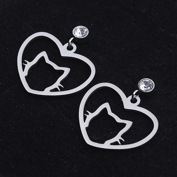 

PandaHall 201 Stainless Steel Kitten Dangle Stud Earrings, with Clear Cubic Zirconia, Heart with Cat Head, Stainless Steel Color, 23mm, Pin...