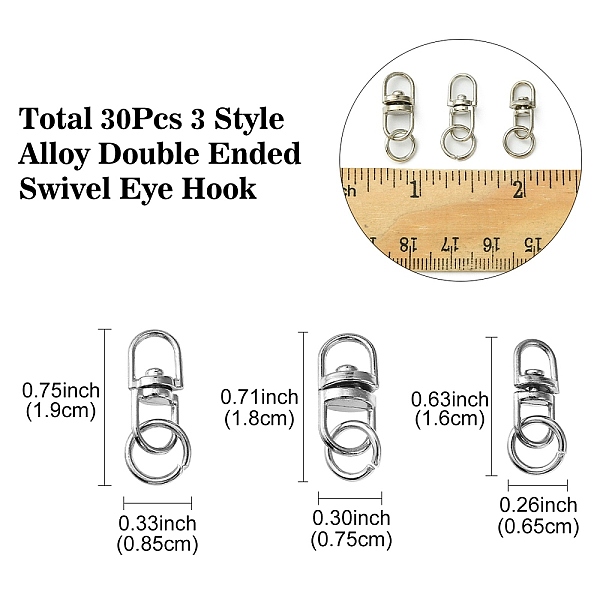 

PandaHall 30Pcs 3 Styles Alloy Double Ended Swivel Eye Hook, Swivel Connectors Clasp, with Iron Jump Rings, Platinum...