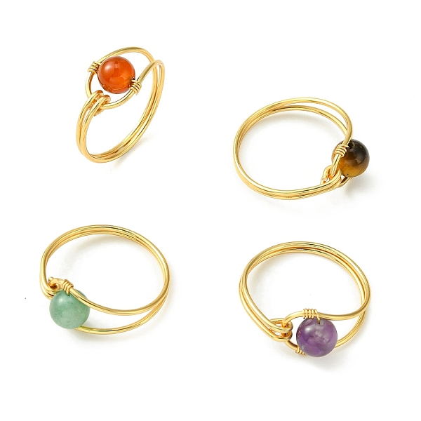 PandaHall 4Pcs 4 Style Natural Mixed Gemstone Round Braided Bead Rings Set, Copper Wire Wrap Rings, Light Gold, Inner Diameter: 18.5~19mm...