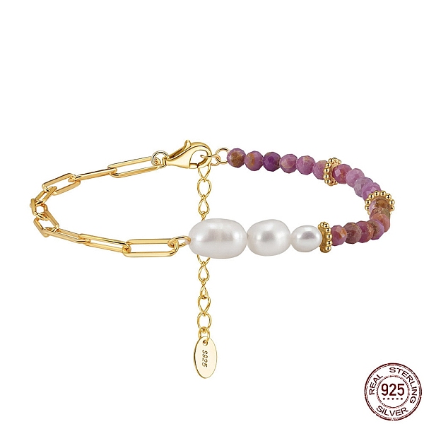 

PandaHall Natural Lepidolite & Pearl Beaded Bracelet, with 925 Sterling Silver Paperclip Chains, with S925 Stamp, Real 14K Gold Plated...
