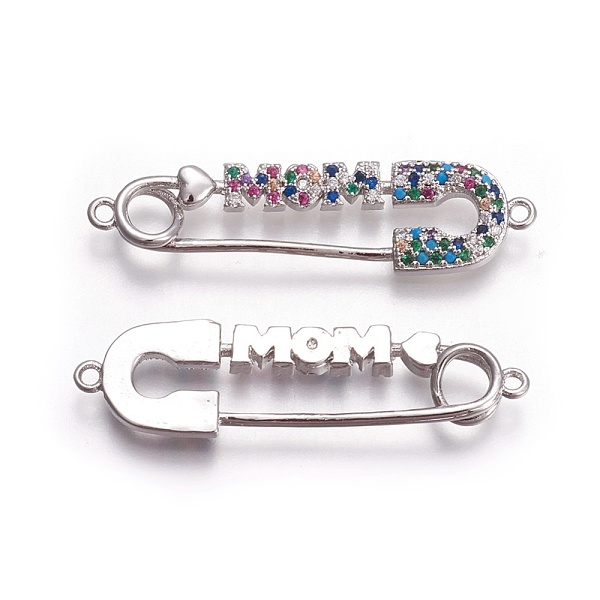 

PandaHall Mother's Day Theme, Brass Micro Pave Cubic Zirconia Links, Safety Pin Shape with Word MOM, Colorful, Platinum, 10x38.5x2.5mm, Hole...