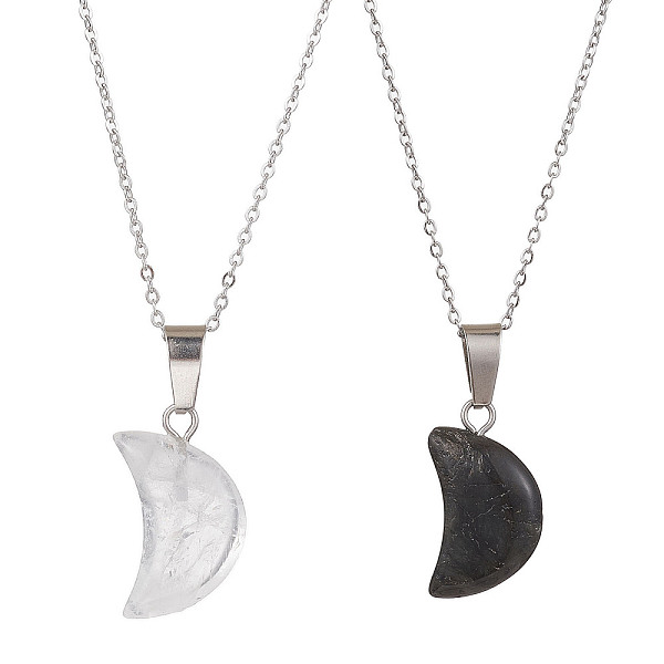 

PandaHall 2Pcs 2 Style Crescent Moon Natural Larvikite & Quartz Crystal Pendant Necklaces, Couple Necklace with 304 Stainless Steel Cable...