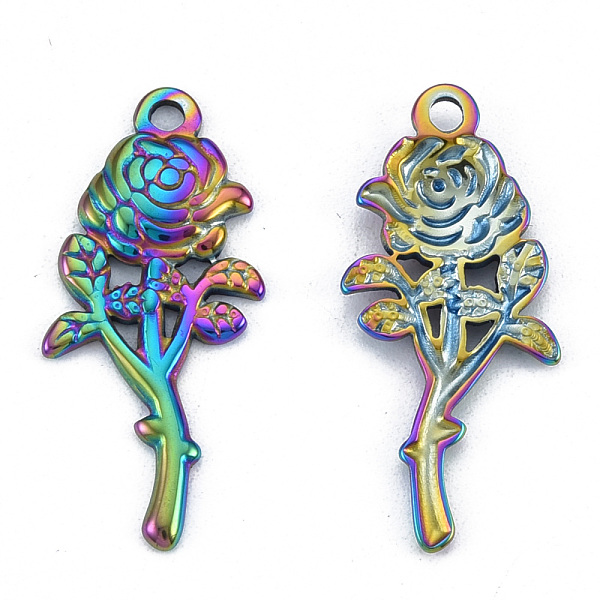 

PandaHall Ion Plating(IP) 201 Stainless Steel Pendants, Rose, Rainbow Color, 30x13.5x2.5mm, Hole: 1.6mm 201 Stainless Steel Flower