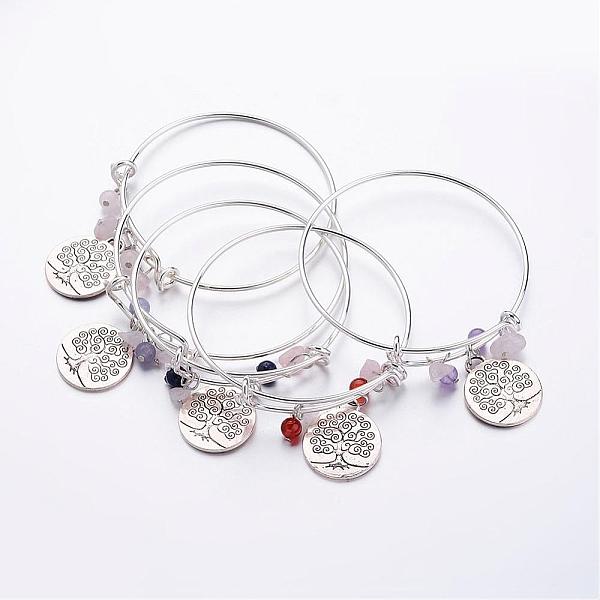 

PandaHall Brass Expandable Charm Bangles, Mixed Stone, with Tibetan Style Tree of Life Pendants, 69mm(2-3/4 inch) Mixed Stone
