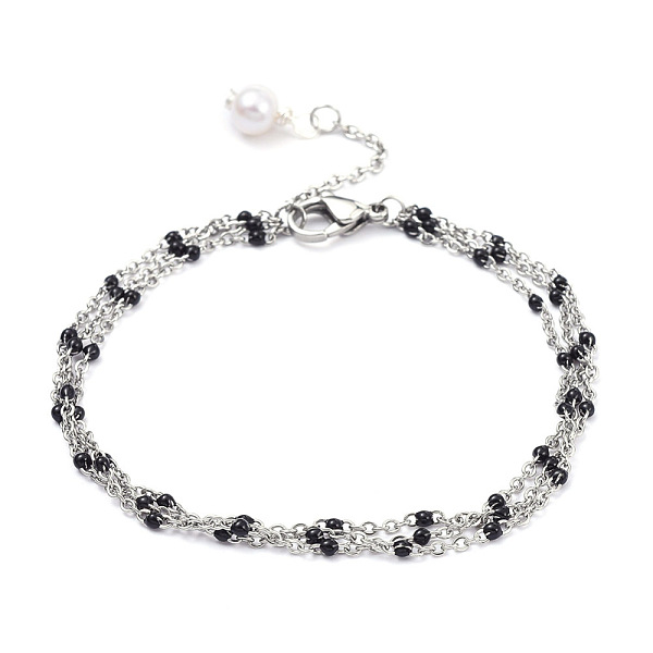 

PandaHall 304 Stainless Steel Multi-strand Bracelets, with Enamel, Natural Pearl Beads and Lobster Claw Clasps, Black, 7-1/4 inch(18.5cm)...