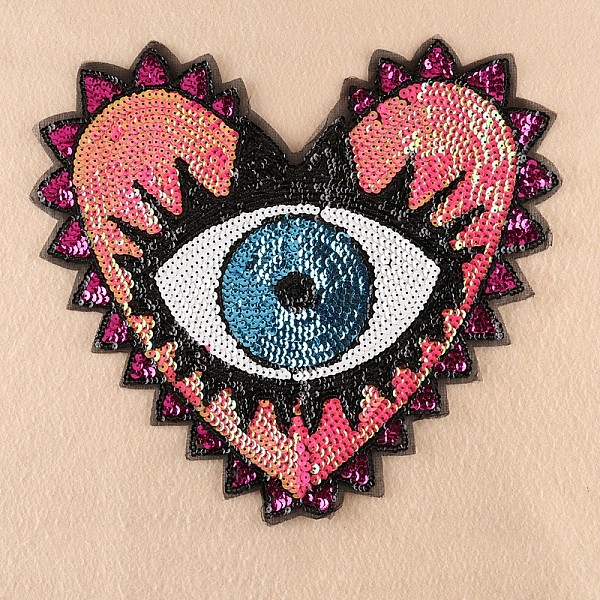 PandaHall Computerized Embroidery Cloth Sew On Patches, Costume Accessories, Paillette Appliques, Heart with Eye, Fuchsia, 31x35cm Cloth...