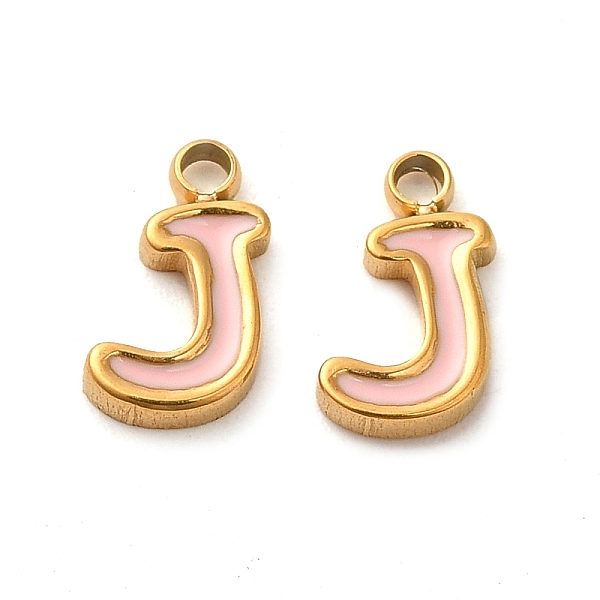 

PandaHall 304 Stainless Steel Enamel Charms, Real 14K Gold Plated, Letter, Letter J, 8x5x1.3mm, Hole: 1.2mm Stainless Steel+Enamel Letter J..., Pink