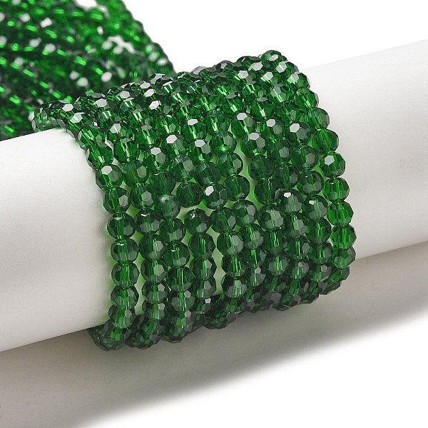 

PandaHall Transparent Glass Beads, Faceted(32 Facets), Round, Dark Green, 4mm, Hole: 0.7mm, about 87~93pcs/strand, 32~33cm Glass Round