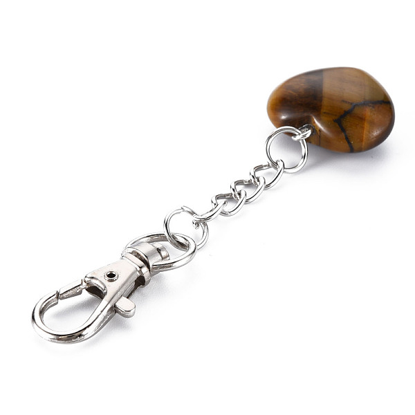 

PandaHall Natural Tiger Eye Keychain, with Brass Lobster Claw Clasps and Iron Chains, Heart, Platinum, 80~86mm Tiger Eye Heart