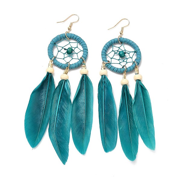 

PandaHall Feather Woven Net Chandelier Earrings, Alloy Long Tassel Drop Earrings for Women, Teal, 126mm, Pin: 0.6mm Feather Cyan