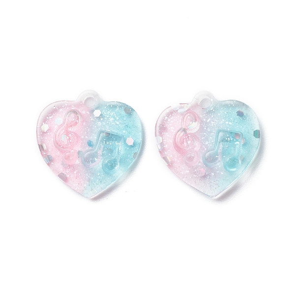 PandaHall Two Tone Transparent Resin Pendants, with Glitter Powder, Heart Charm with Music Note Pattern, Sky Blue, Pink, 20x20x5mm, Hole...